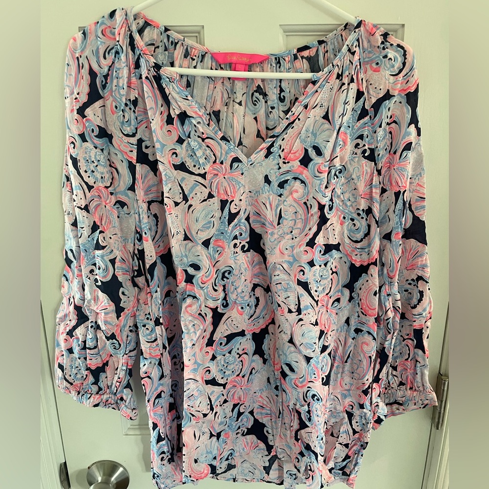 Lilly Pulitzer Navy Multi Paisley Shell Print V-Neck Blouse